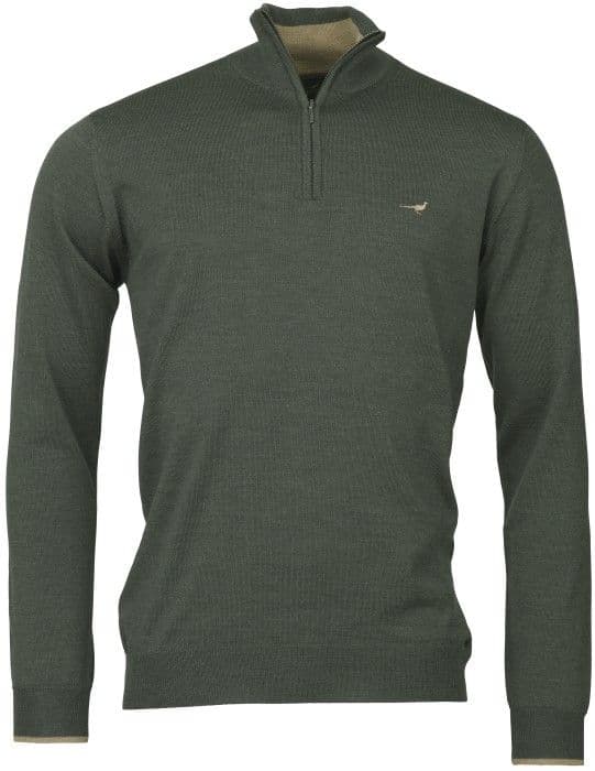 Laksen Norfolk Zip-Neck merinovillapusero, metsänvihreä