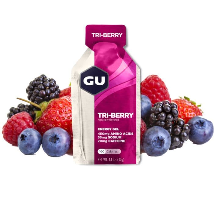 GU Energy Gel Kofeiinilla (Tri-Berry) – Tehosta kestävyyttäsi pitkille juoksuille ja kilpailuille!